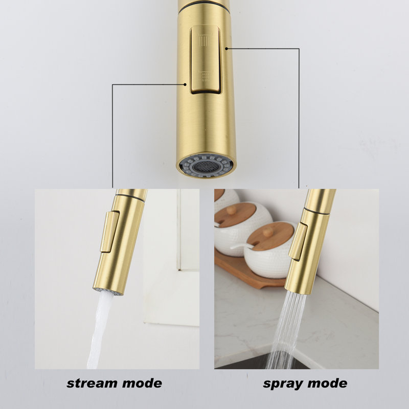 Robinet de cuisine Abrah avec touche tactile et rétractable, levier unique pour un réglage simple du débit de la température de l'eau, buse à arc élevé tournant sur 360 °, traitement de corrosion en acier inoxydable or brossé, aérateurs A