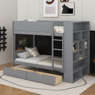 Twin Over Twin Bunk Bed With Drawers And Cabinet