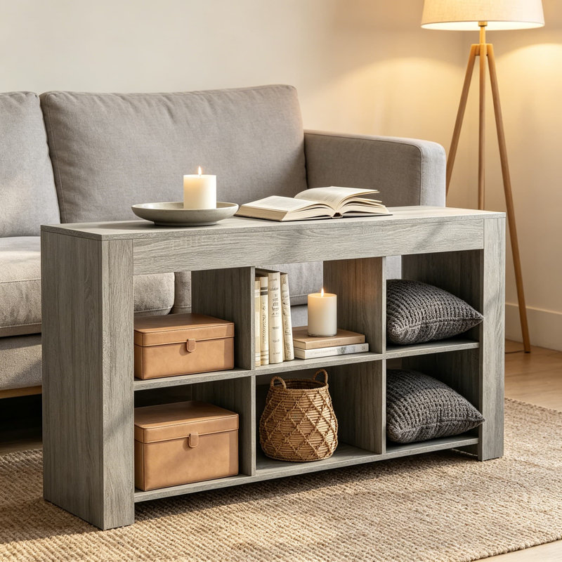 Console de 63 pouces avec rangement, canapé de style campagnard avec cubes ouverts, table d'entrée avec tablettes pour le salon, couloir, gris et noir