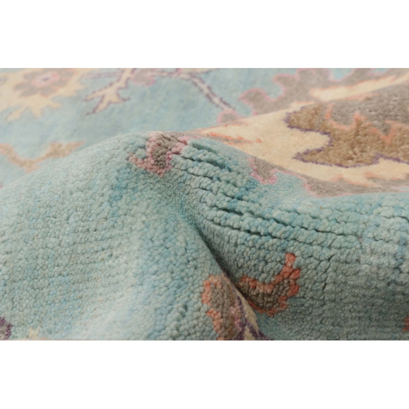 Tapis turquoise en laine noué à la main 9 pi 0 po x 12 pi 0 po Oushak