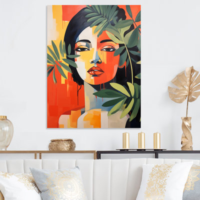 Minimalisme, orange et vert, femme tropicale, portrait IV - femme mexicaine, art mural en métal