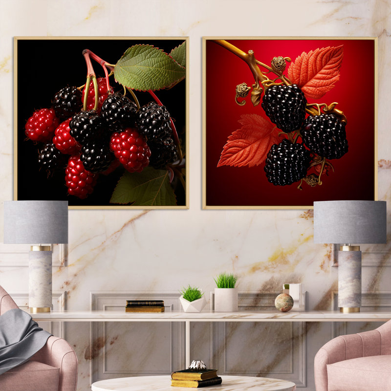 Velouté vermillon mûre baroque fruit - fruits ensemble de collage carré de 2, Cadre flottant brun, H 36 po x l 73 po