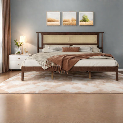 Lit King Size avec rangement, tête de lit en rotin, bois de pin, chambre rustique