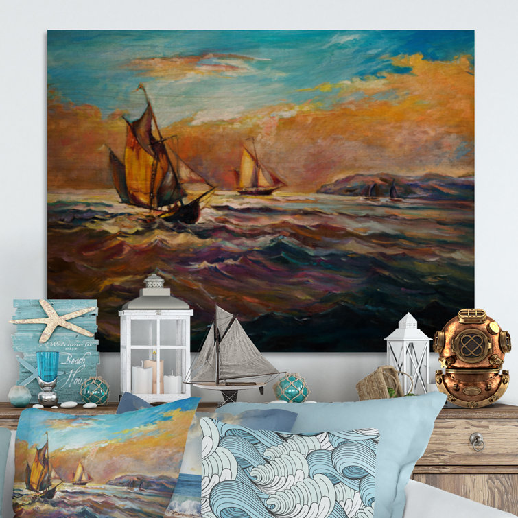 Colorful Seascape Oil Painting, Bright Canvas Art, Living Room