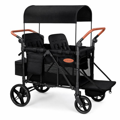 Beach Wagon Stroller 4-Seat Foldable Push & Pull Wagon with Canopy & 5-Point Harness