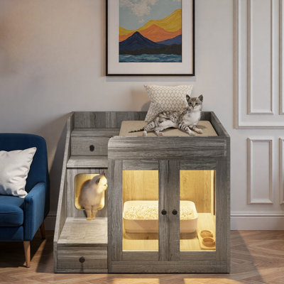 Cat Litter Box Enclosure With Light, 2 Storage Drawers And Cozy Cat House