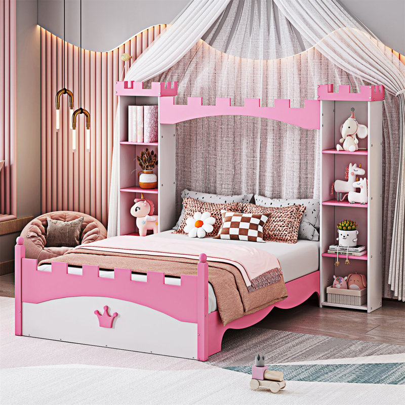 Wooden Platm Bed, White+Pink