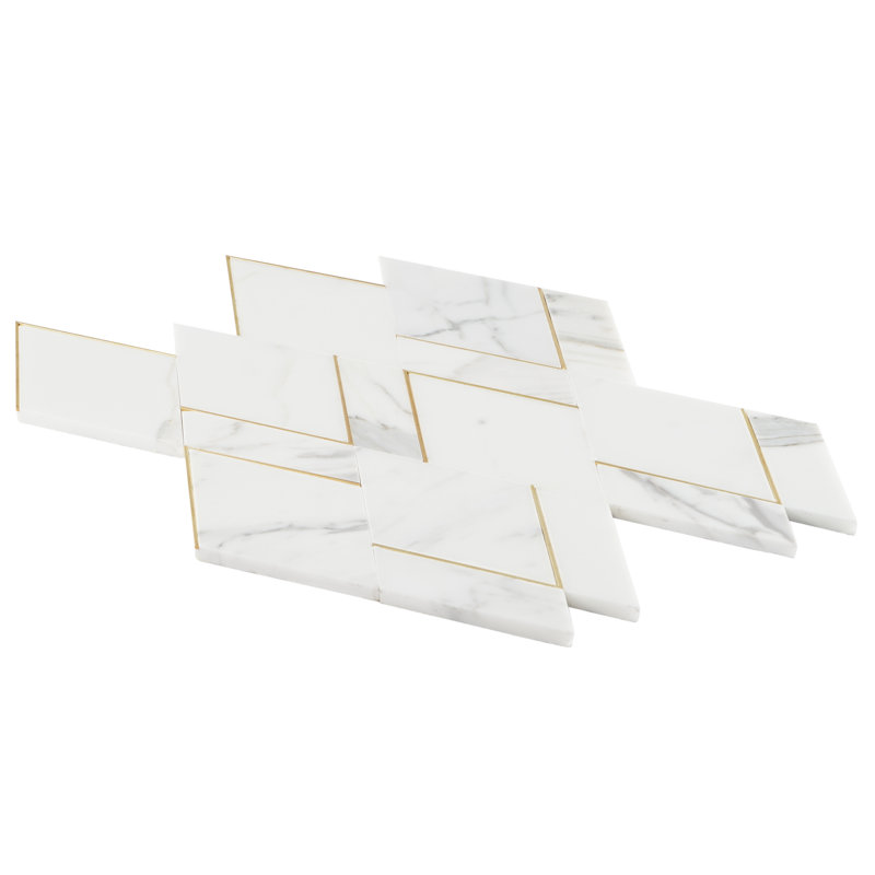 Mehko 11.81 in. x 14.96 in. Polished Marble and Brass Wall Tile, Calacatta