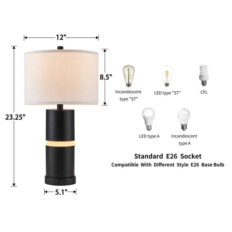 23.25’’ Black Table Lamp Set With Built-In Night Light And Usb Ports Bulbs Included