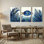 Animaux, poissons bleus nageant parmi des algues et des coraux, ensemble de 3 impressions sur toile