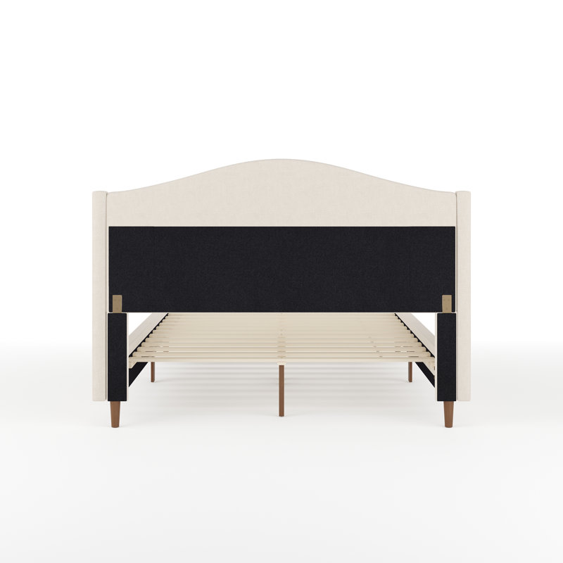 Full Beige Linen Upholstered Platform Bed with Walnut Legs