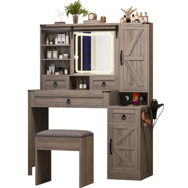 Pavo Farmhouse Vanity With Movable LED Mirror And Charging Station, Gray