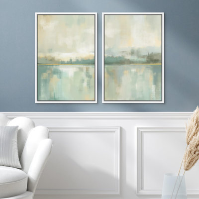 Minimalist Landscape " Sage Green & Tan Lake Abstract Landscape Modern Art Wall Decor Artwork Calm Relax " 2 - Pieces