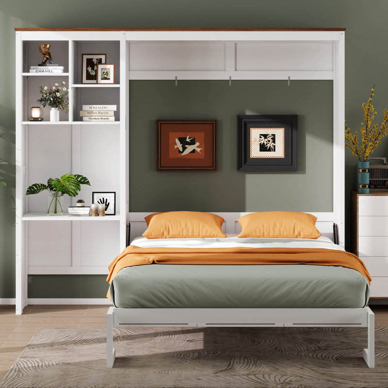 Lit escamotable Queen Size avec bureau et armoire de rangement, cadre de lit mural pliable gain de place pour chambre d'amis, bureau à domicile et petits espaces