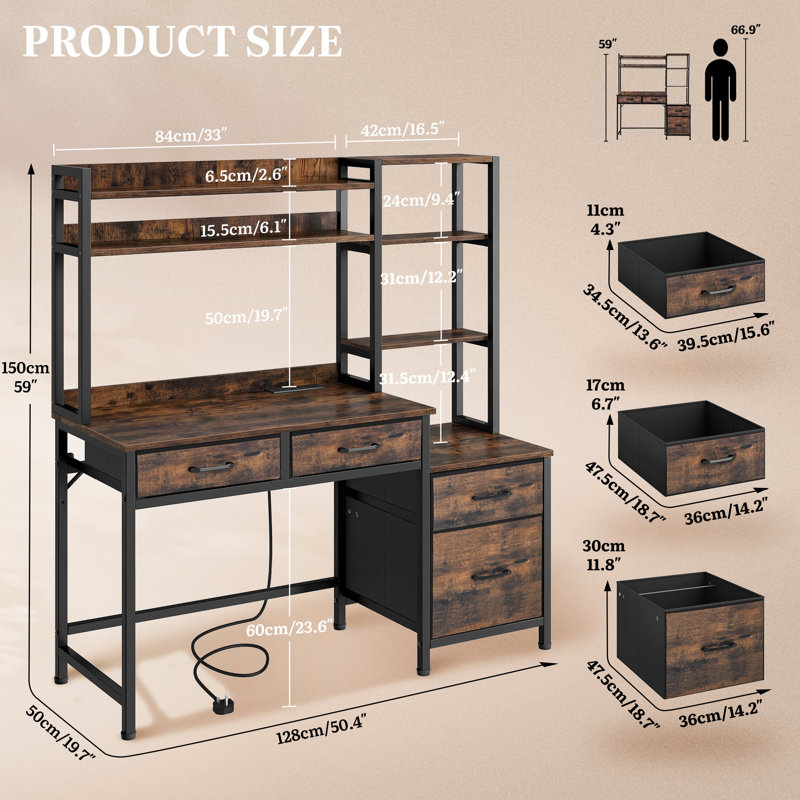  4-Drawer Computer Desk With LED Lights & Power Outlets, Brown, 150cm H x 128cm W x 50cm D