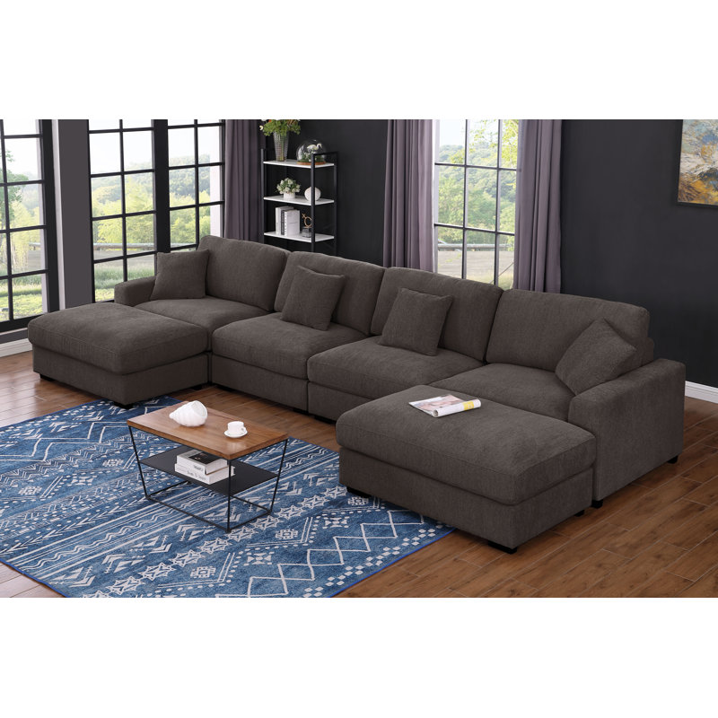 6 - Piece 168" U Shape Sectional Sofa Cloud Couch With Removable Ottomans, Dark Gray Chenille
