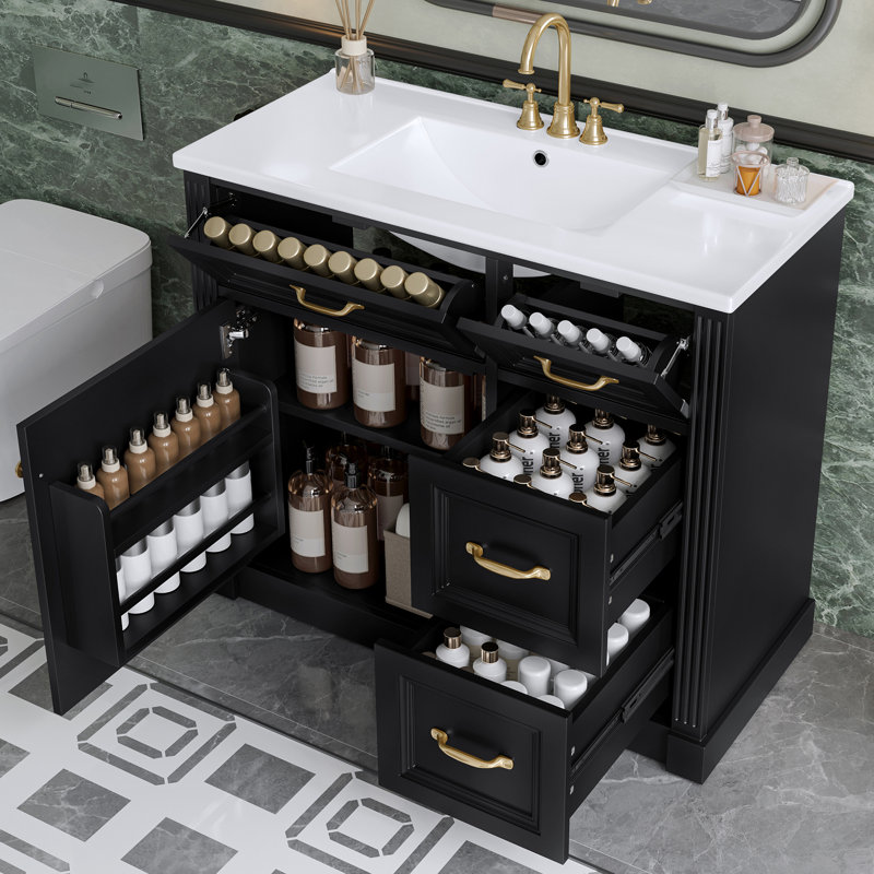 Meuble-lavabo 36 po avec lavabo, Noir et or