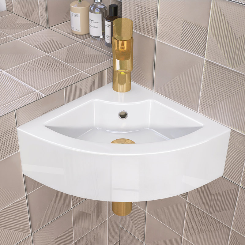 Lavabo de salle de bain en coin mural en céramique l 18 "x P 13" avec lavabo pour vasque flottante triangulaire suspendu