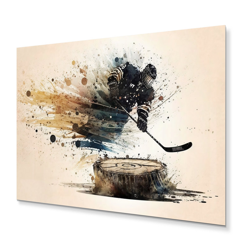 Joueur de hockey frappant une rondelle - décoration murale moderne en métal, H 12 po x l 20 po x P 1 po