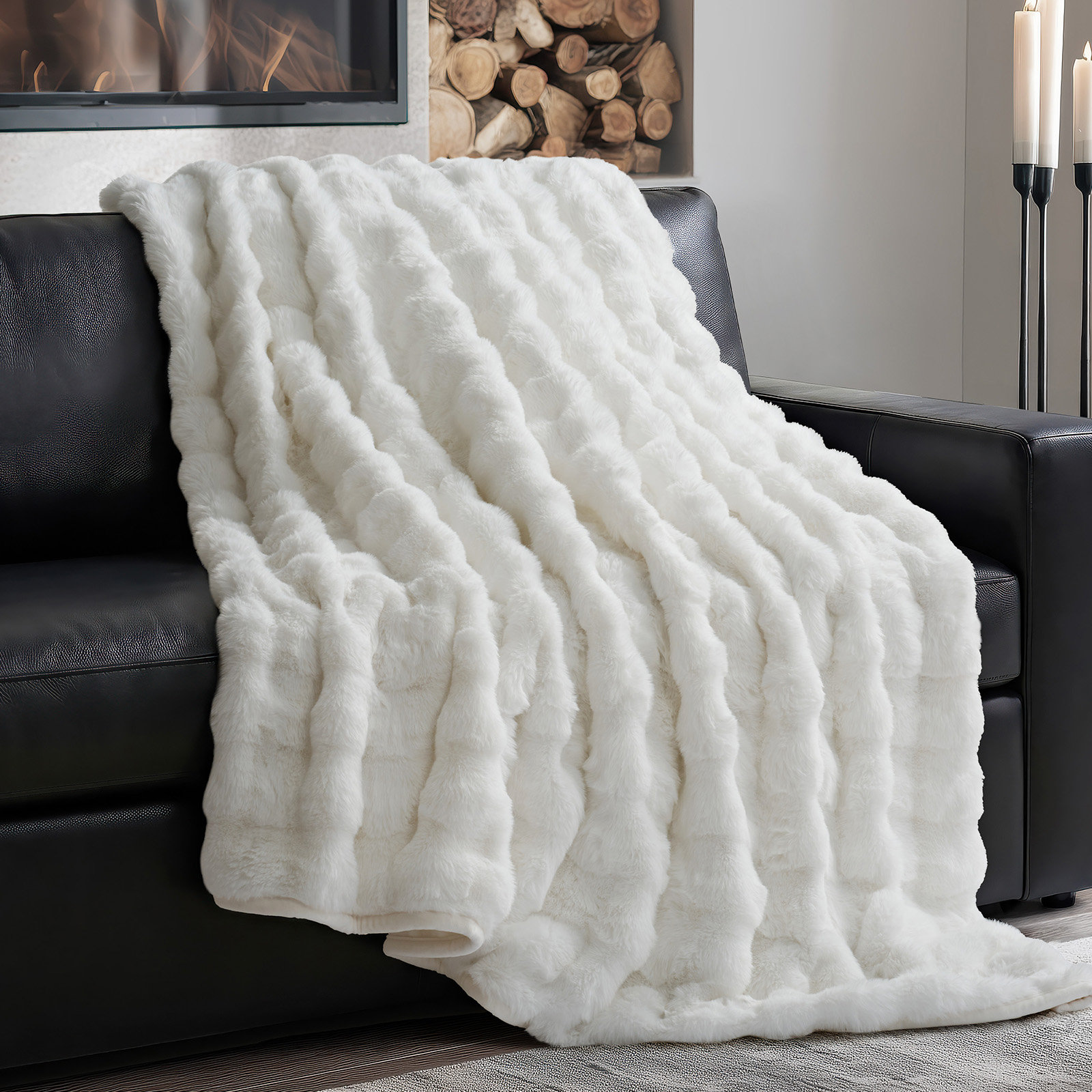 Faux Fur Weighted Throw Blanket, 80" L x 60" W, Bright White