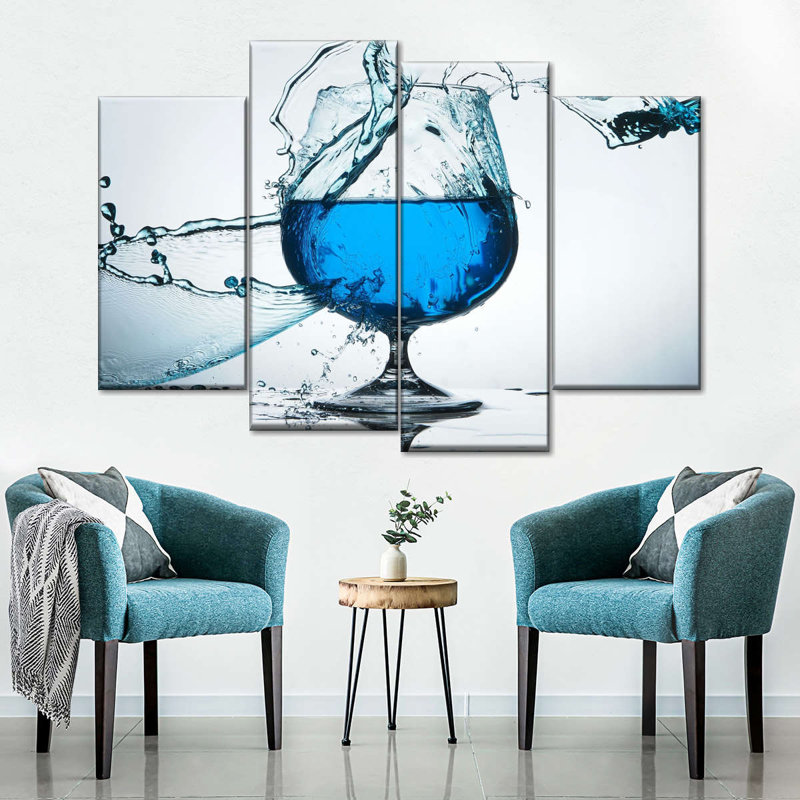 Vin et alcool - cocktail bleu, impression sur toile, 4 pièces, H 48 po x l 75 po x P 1 po