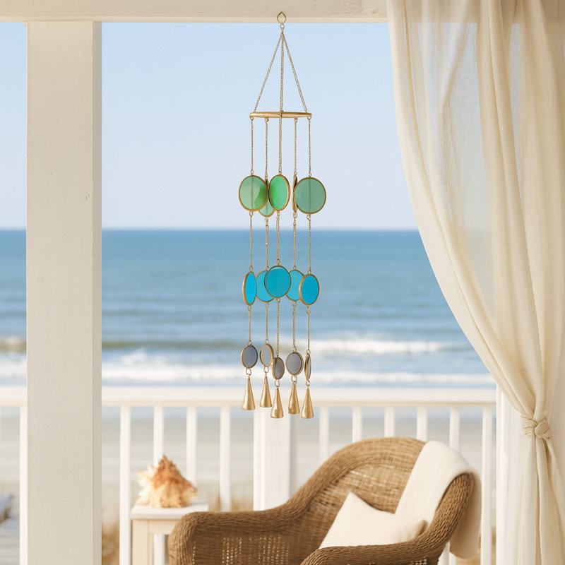 Carillon à vent coloré en forme de disque avec clochettes - carillon extérieur pour décoration de jardin et de jardin - 37 po, bleu et vert