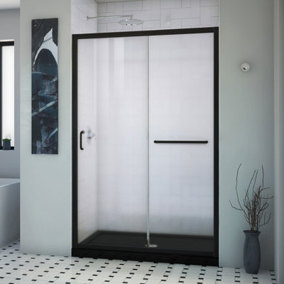 Porte de douche coulissante semi-encadrée transparente DreamLine Infinity-Z 91,4 cm (P) x 121,9 cm (L) x 189,8 cm (H) en noir mat avec bonde centrale et ensemble de receveur de douche noir
