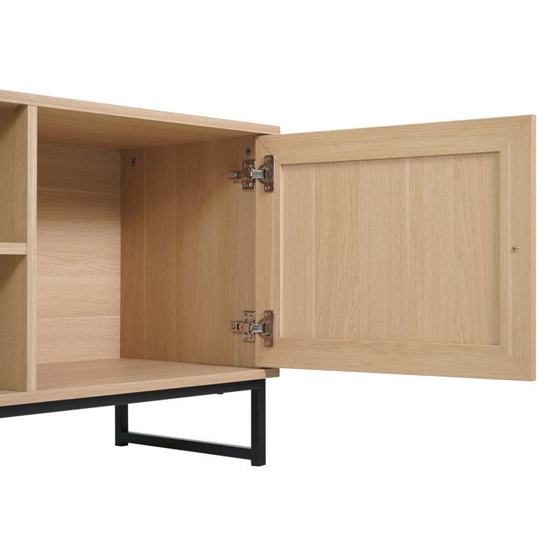 65" TV Stand With Rattan Accented Storage Doors, Natural Wood