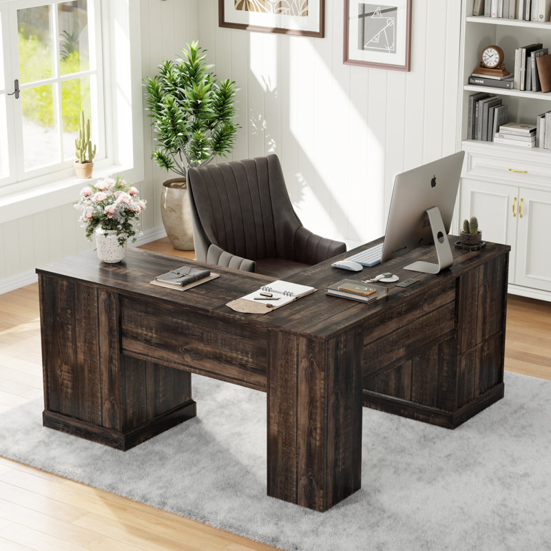 60" Farmhouse L Shaped Executive Desk With Drawers,wood Home Office Corner Desk With Charging Station, Dark Rustic Oak