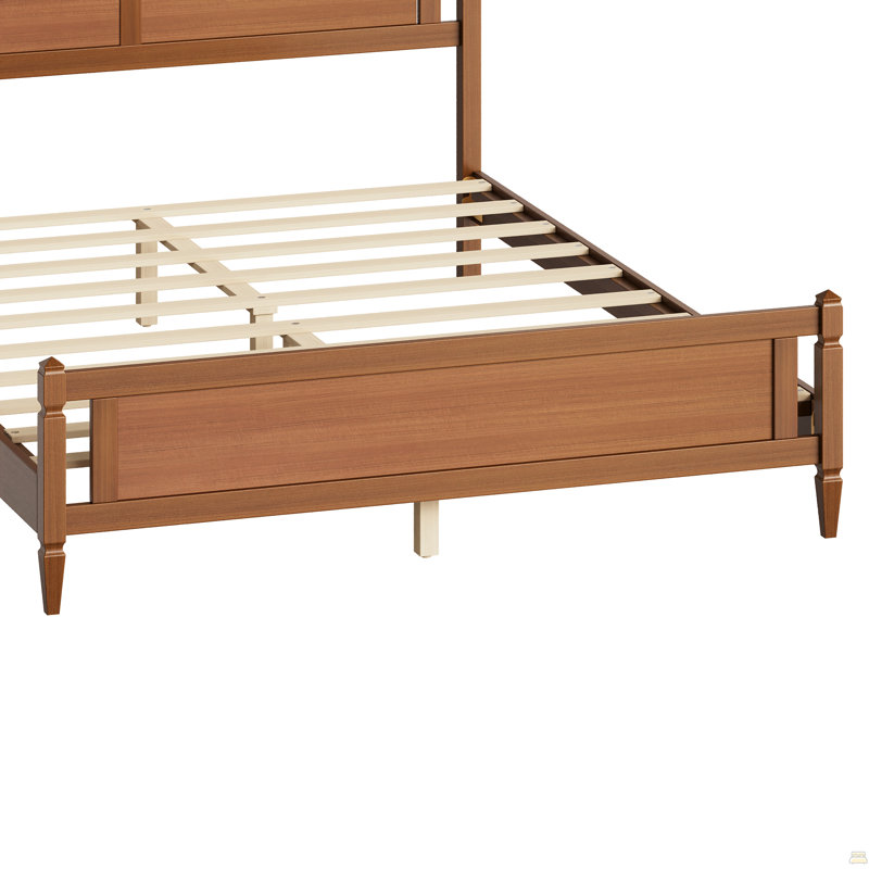 Structure de lit plateforme en bois de style Mid-Century moderne, grand lit avec tête de lit à panneau ouvert et pied de lit, aucun sommier requis, assemblage facile, noyer clair