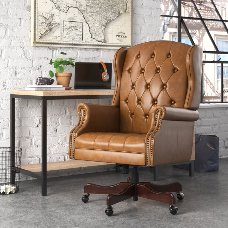 Fauteuil de direction traditionnel en simili cuir Swain, Similicuir galet camel