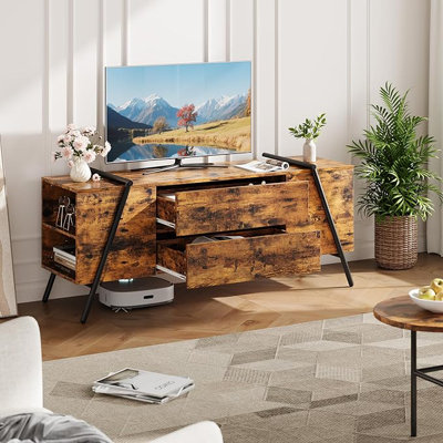 Meuble télé 55 po avec 2 tiroirs, tablettes ouvertes et base en métal en forme de U pour 55 po