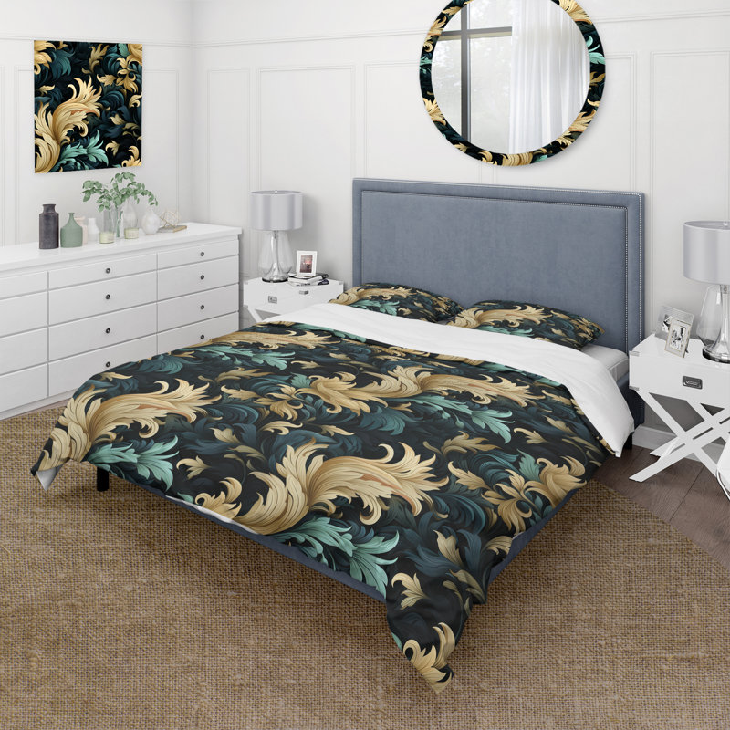 Ensemble de housse de couette damassé noire et dorée, Housse de couette pour grand lit et 2 taies décor
