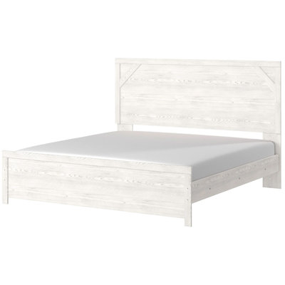 Grand lit à panneau Hara avec accents croisés, bois de ferme gris-blanc