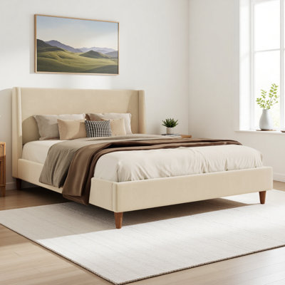Wingback Upholstered Bed with Walnut Legs