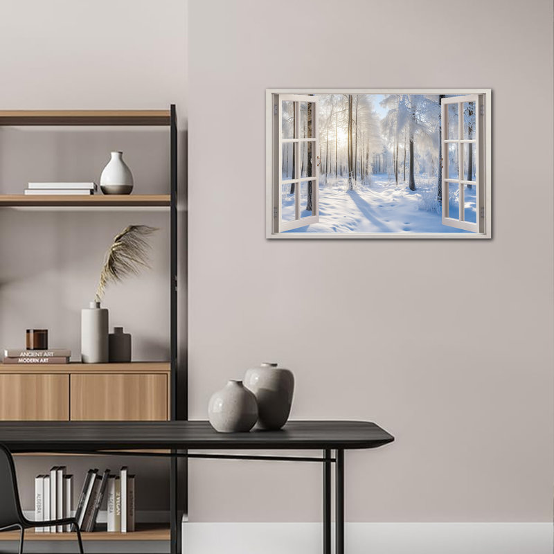 Grande fenêtre hivernale, art mural sur toile, fenêtre enneigée, paysage panoramique, impressions sur toile encadrées, scène d'hiver, affiche pour le bureau de la chambre à coucher, 28 po x 40 po