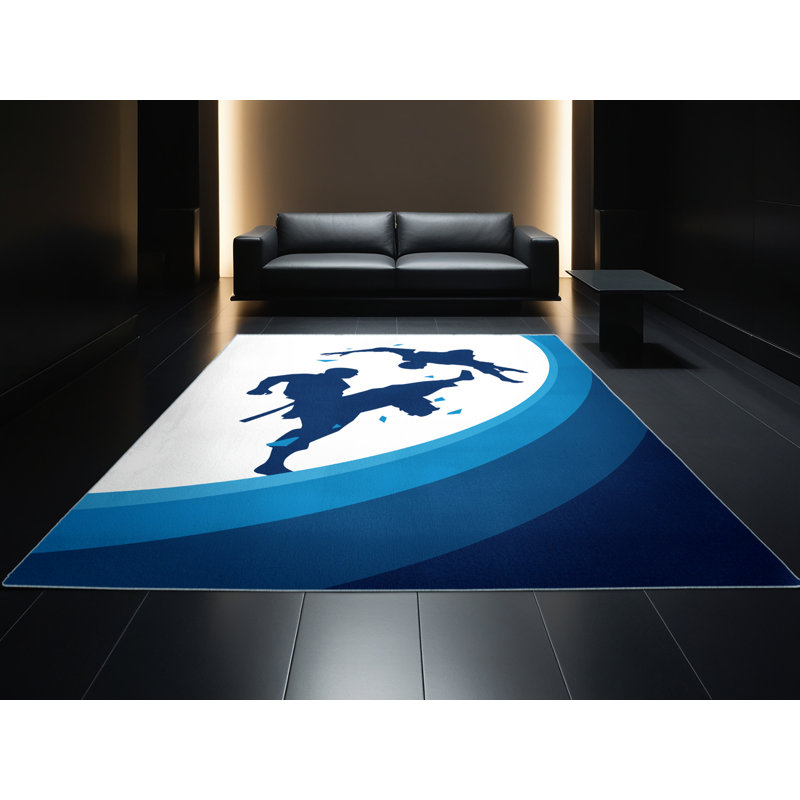 Machine Washable Kramer Judo Throw Minimalist Rug in Blue – SkyBlue Binding, 5x7