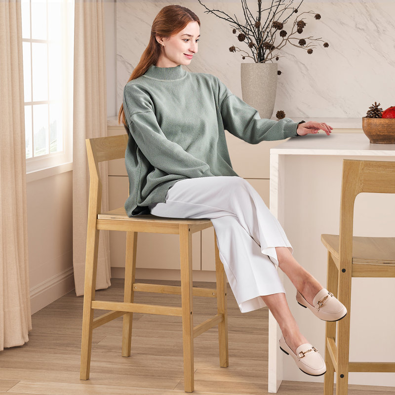 Tabouret de comptoir en bois massif avec repose-pieds, Chêne