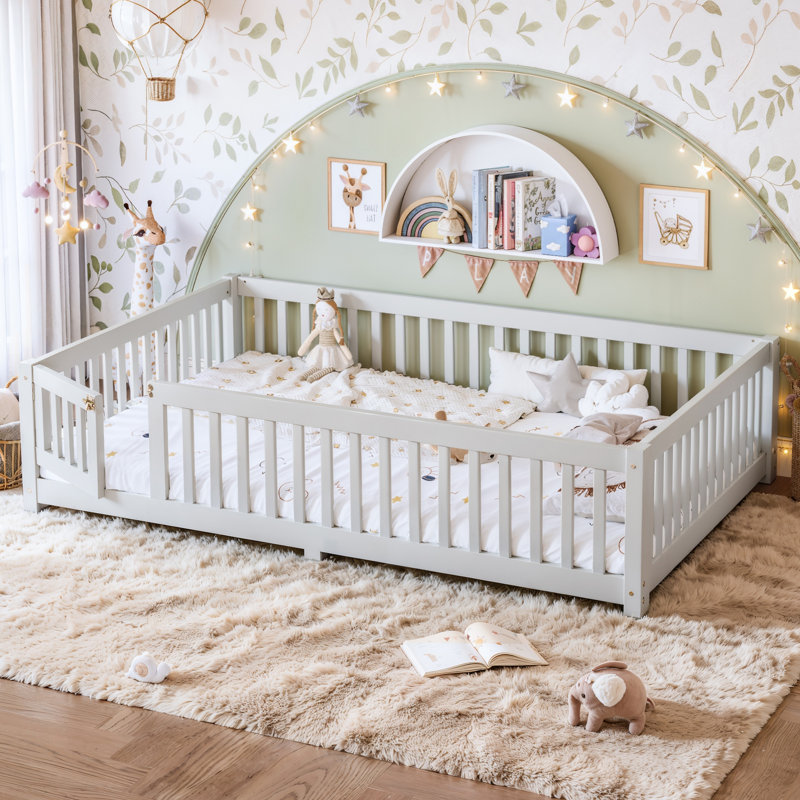 Queen Solid Wood Floor Bed with Safety Guardrails and Door, Queen, White