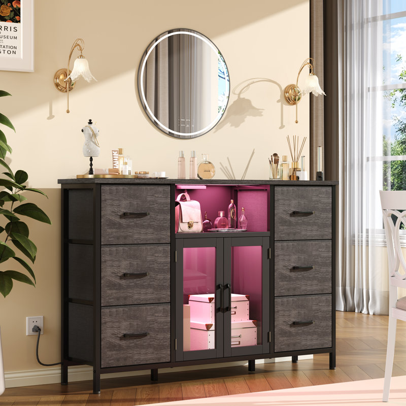 Long 6 Drawer Dresser For Bedroom With Led Lights and Charging Station,for Living Room,cloakroom,entryway, Gray