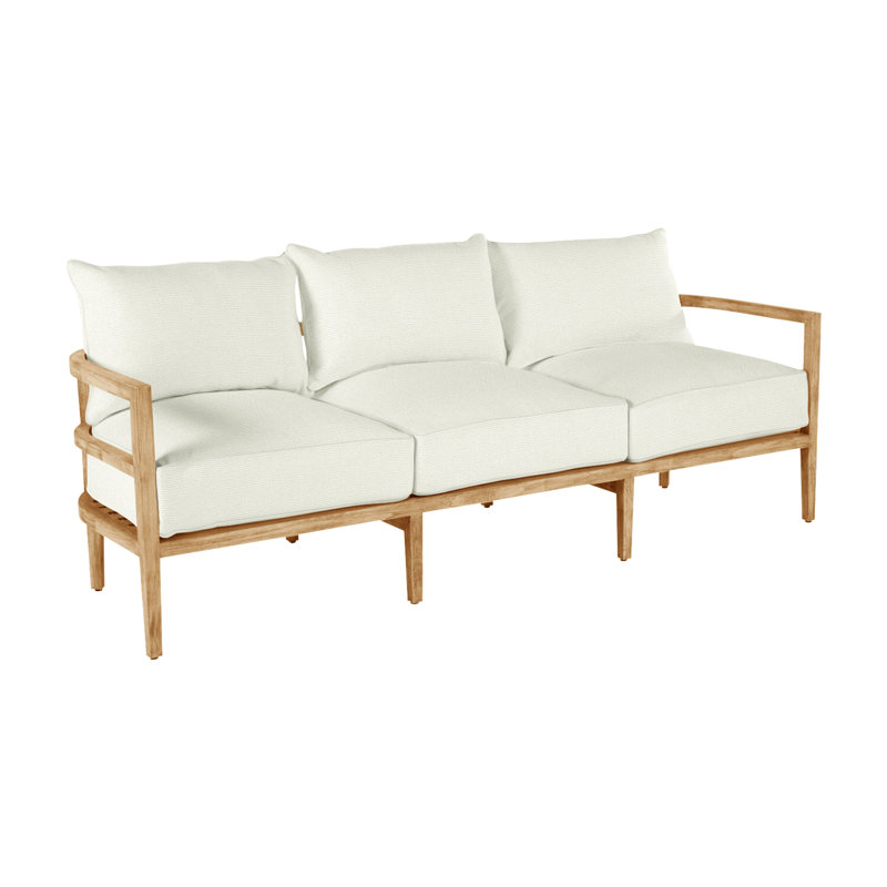 Santa Barbara 87" Wide Outdoor Teak Patio Sofa with Cushions, Natural Teak, No Welt, Herringbone Sand