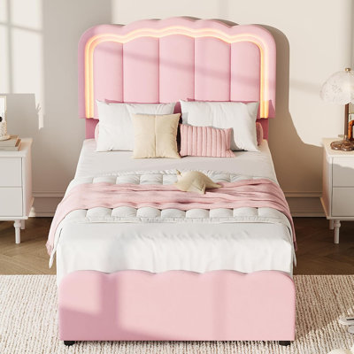 Twin Size Upholstered Bed Frame with 2 Storage Drawers and LED Lights, Platform Twin Bed with Adjustable Headboard, Wooden Slats Support, No Box Spring Needed, Noise Free, Pink