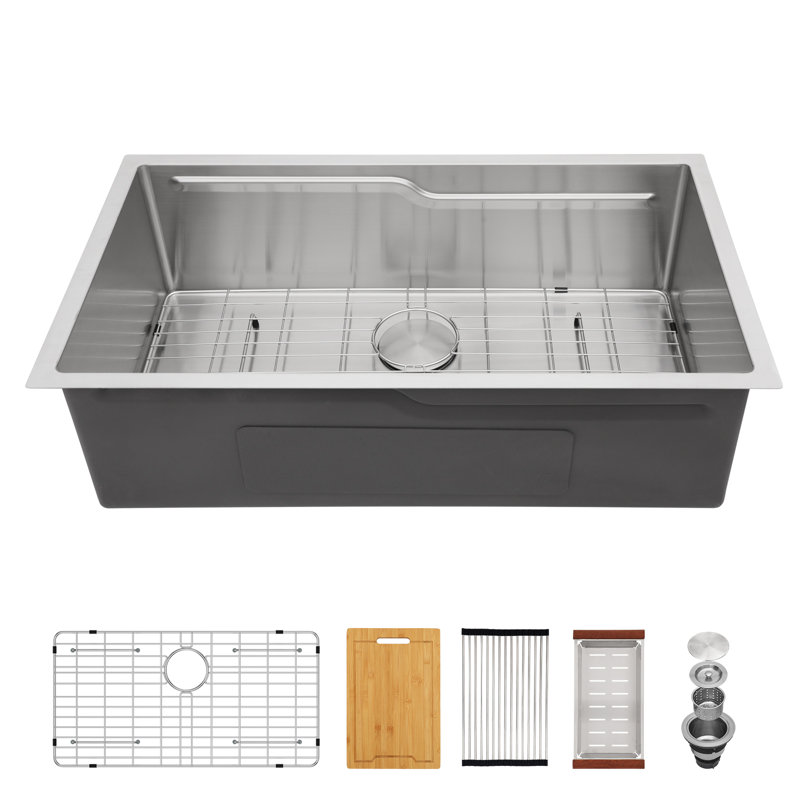 33'' L x 19'' W Undermount Workstation Stainless Steel Single Bowl Kitchen Sink with Cutting Board, Sink Grid, Strainer, Colander and Roll-up Rack 