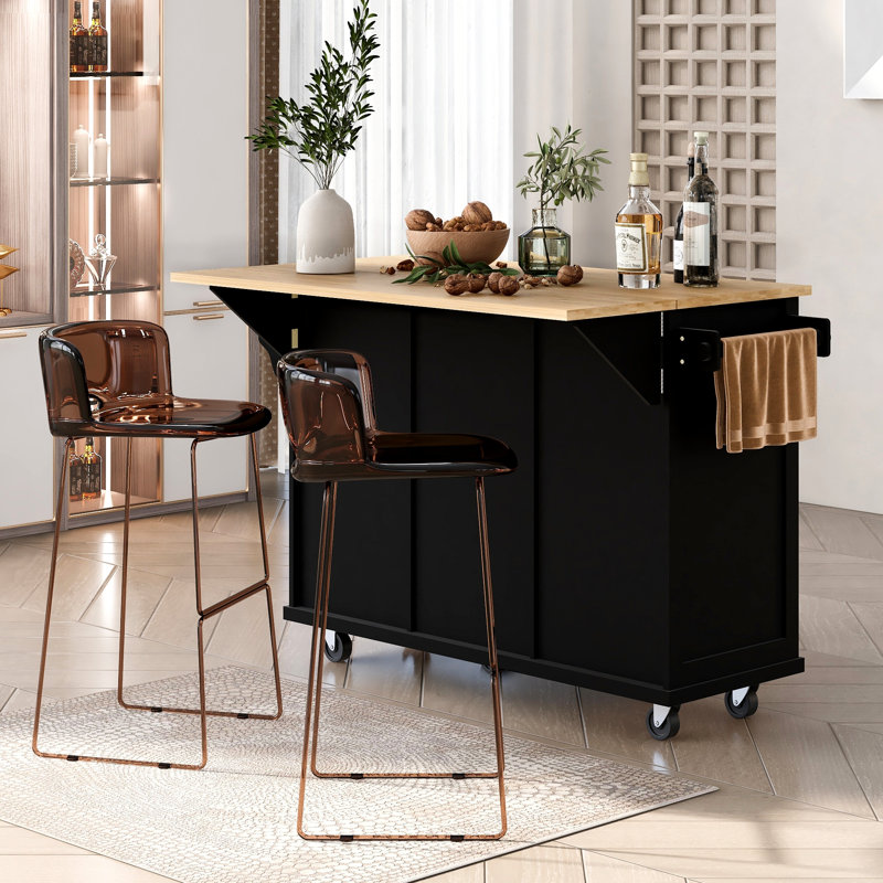 Kitchen Cart With Rubber Wood Drop-Leaf Countertop ,Cabinet Door Internal Storage Racks,Kitchen Island On 5 Wheels With Storage Cabinet And 3 Drawers For Dinning Room
