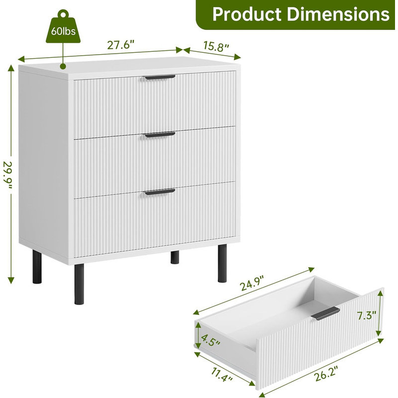 Wave Fluted 3-Drawer Dresser, 28" Wide Chest with Anti-Tip Device, Metal Legs for Bedroom, Entryway, Small Spaces, White