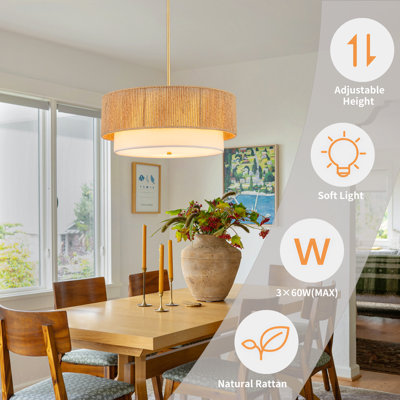 18'' Farmhouse Rattan Chandeliers for Dining Room,3-Light Boho Light Fixtures Rattan Pendant Light Fixture with Fabric Shade Drum Chandeliers
