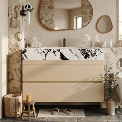 Meuble-lavabo suspendu moderne de 76 cm (30 po) avec comptoir en pierre frittée, lavabo en céramique et rangement à fermeture en douceur