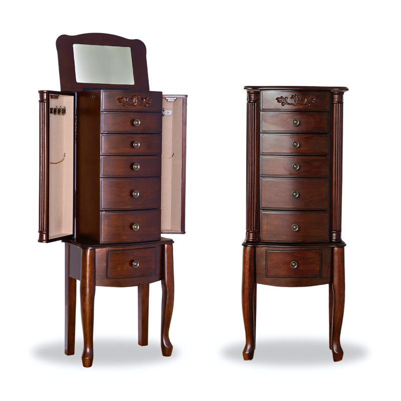 Dark Walnut Traditional Freestanding Jewelry Armoire with Mirror