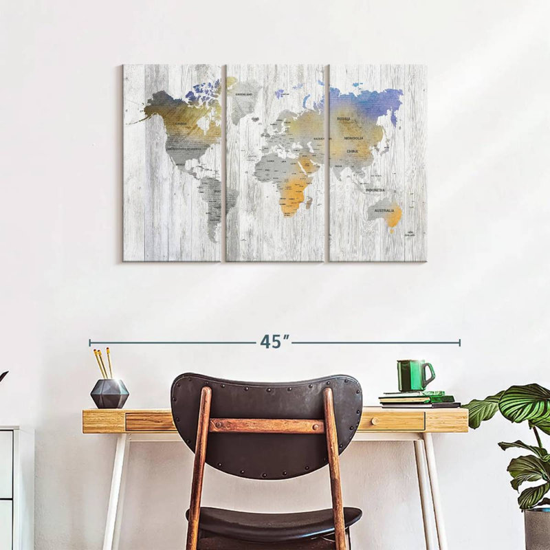 " Bianco Wood World Map " by Jorge S 3 - Pieces, 38" H x 24" W x 1.25" D