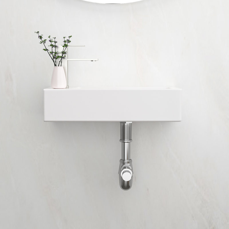 Lavabo de salle de bain mural rectangulaire en céramique blanche 14,49X7,15 pouces, teinté, faible absorption d'eau, résistance aux acides, évier moderne attrayant avec robinet - céramique, rectangulaire, teinté,